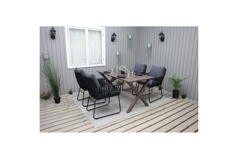 Ulkomöbeliryhmä 150 cm pöytä & 4 Levanto harmaat tuolit Ruskea - Ruskea - Puutarhakalusteet - Ulkoryhmä - Ruokailuryhmät ulos