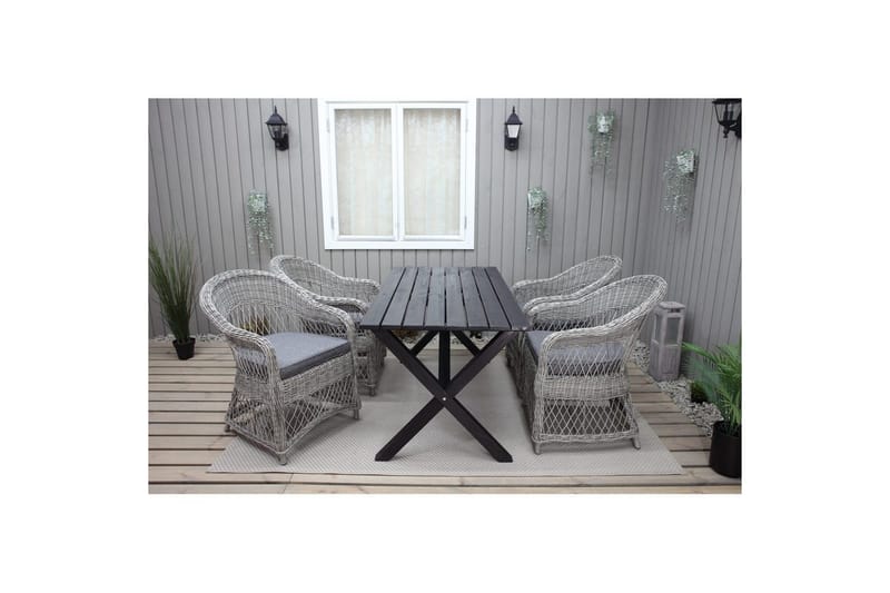 Ulkomöbeliryhmä 150 cm pöytä & 4 Merida harmaat tuolit Musta - Musta - Puutarhakalusteet - Ulkoryhmä - Ruokailuryhmät ulos