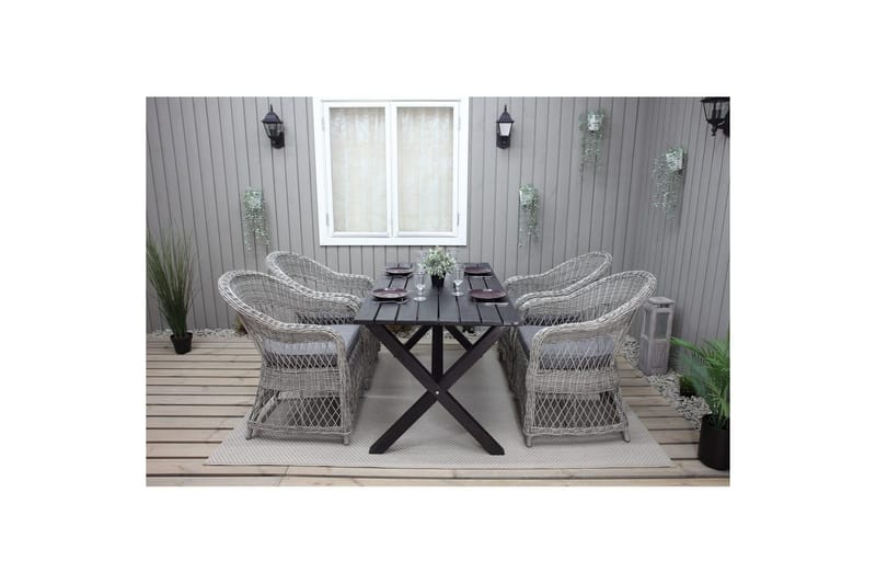 Ulkomöbeliryhmä 150 cm pöytä & 4 Merida harmaat tuolit Musta - Musta - Puutarhakalusteet - Ulkoryhmä - Ruokailuryhmät ulos