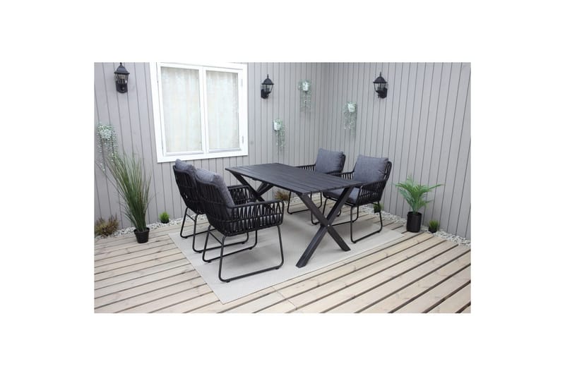 Ulkomöbeliryhmä 150 cm pöytä & 4 Levanto harmaat tuolit Musta - Musta - Puutarhakalusteet - Ulkoryhmä - Ruokailuryhmät ulos