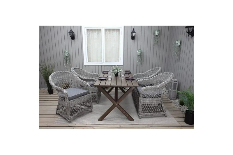 Ulkomöbeliryhmä 150 cm pöytä & 4 Merida harmaat tuolit Ruskea - Ruskea - Puutarhakalusteet - Ulkoryhmä - Ruokailuryhmät ulos