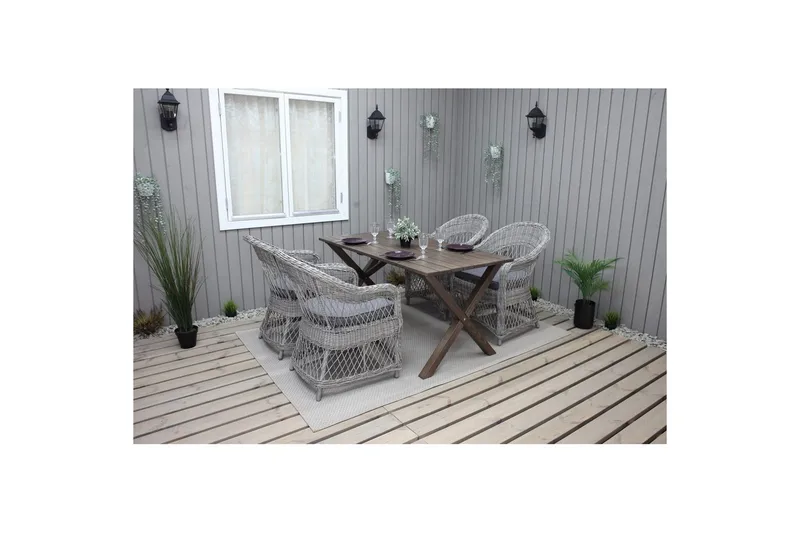 Ulkomöbeliryhmä 150 cm pöytä & 4 Merida harmaat tuolit Ruskea - Ruskea - Puutarhakalusteet - Ulkoryhmä - Ruokailuryhmät ulos