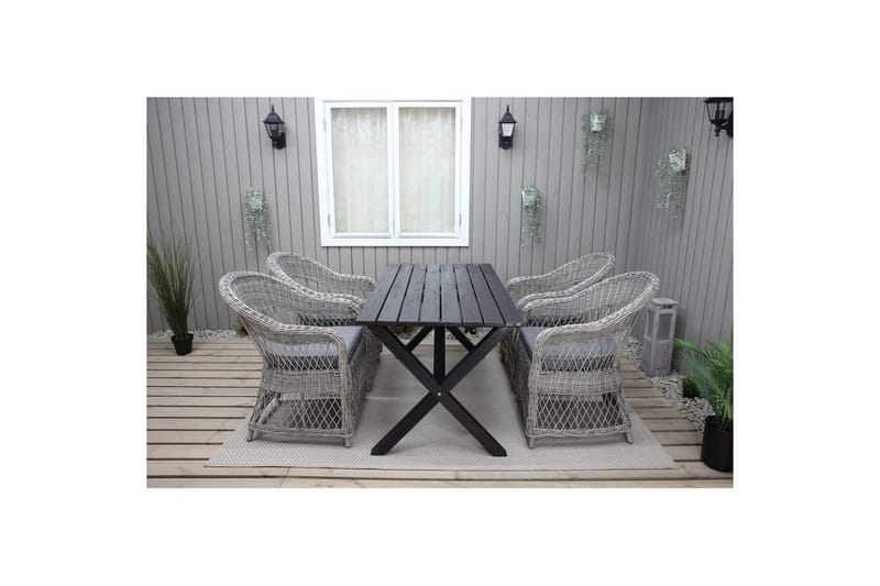 Ulkomöbeliryhmä 150 cm pöytä & 4 Merida harmaat tuolit Musta - Musta - Puutarhakalusteet - Ulkoryhmä - Ruokailuryhmät ulos