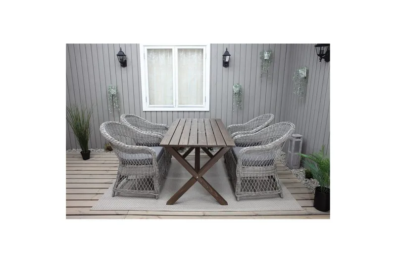 Ulkomöbeliryhmä 150 cm pöytä & 4 Merida harmaat tuolit Ruskea - Ruskea - Puutarhakalusteet - Ulkoryhmä - Ruokailuryhmät ulos