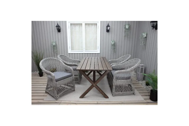 Ulkomöbeliryhmä 150 cm pöytä & 4 Merida harmaat tuolit Ruskea - Ruskea - Puutarhakalusteet - Ulkoryhmä - Ruokailuryhmät ulos