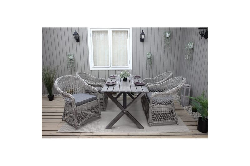 Ulkomöbeliryhmä 150 cm pöytä & 4 Merida harmaat tuolit Harmaa - Harmaa - Puutarhakalusteet - Ulkoryhmä - Ruokailuryhmät ulos