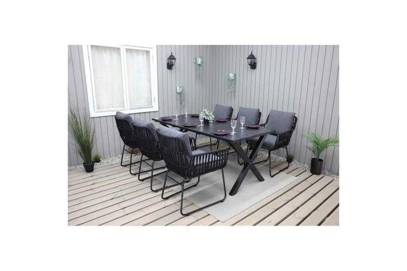 Ulkomöbeliryhmä 190 cm Pöytä & 6 Levanto harmaat tuolit Musta - Musta - Puutarhakalusteet - Ulkoryhmä - Ruokailuryhmät ulos