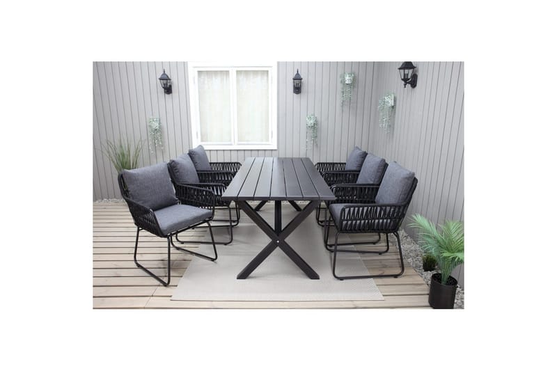 Ulkomöbeliryhmä 190 cm Pöytä & 6 Levanto harmaat tuolit Musta - Musta - Puutarhakalusteet - Ulkoryhmä - Ruokailuryhmät ulos