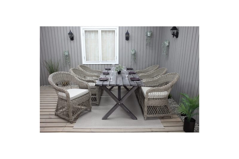 Ulkomöbeliryhmä 190 cm Pöytä & 6 Merida luonnonväriset tuolit Harmaa - Harmaa - Puutarhakalusteet - Ulkoryhmä - Ruokailuryhmät ulos