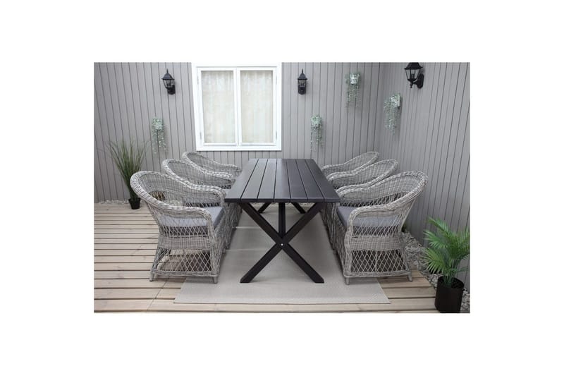 Ulkomöbeliryhmä 190 cm Pöytä & 6 Merida harmaat tuolit Musta - Musta - Puutarhakalusteet - Ulkoryhmä - Ruokailuryhmät ulos