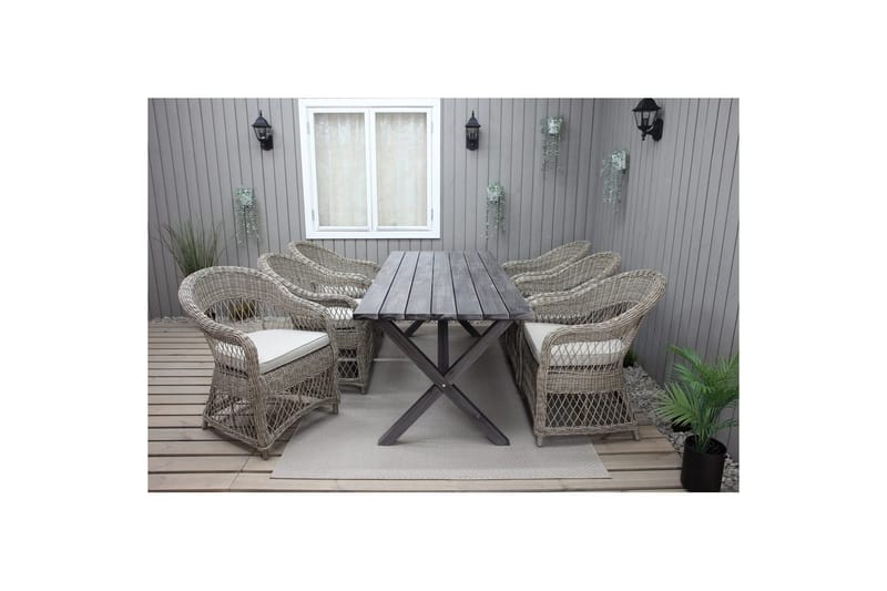 Ulkomöbeliryhmä 190 cm Pöytä & 6 Merida luonnonväriset tuolit Harmaa - Harmaa - Puutarhakalusteet - Ulkoryhmä - Ruokailuryhmät ulos