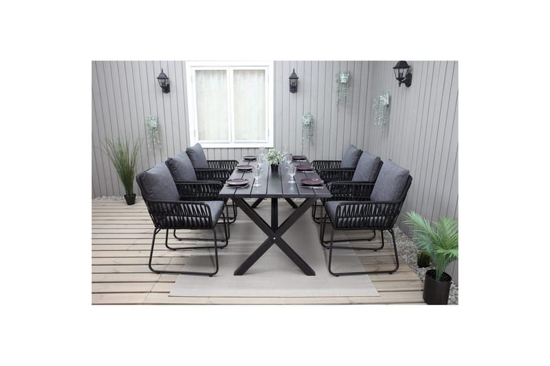 Ulkomöbeliryhmä 190 cm Pöytä & 6 Levanto harmaat tuolit Musta - Musta - Puutarhakalusteet - Ulkoryhmä - Ruokailuryhmät ulos
