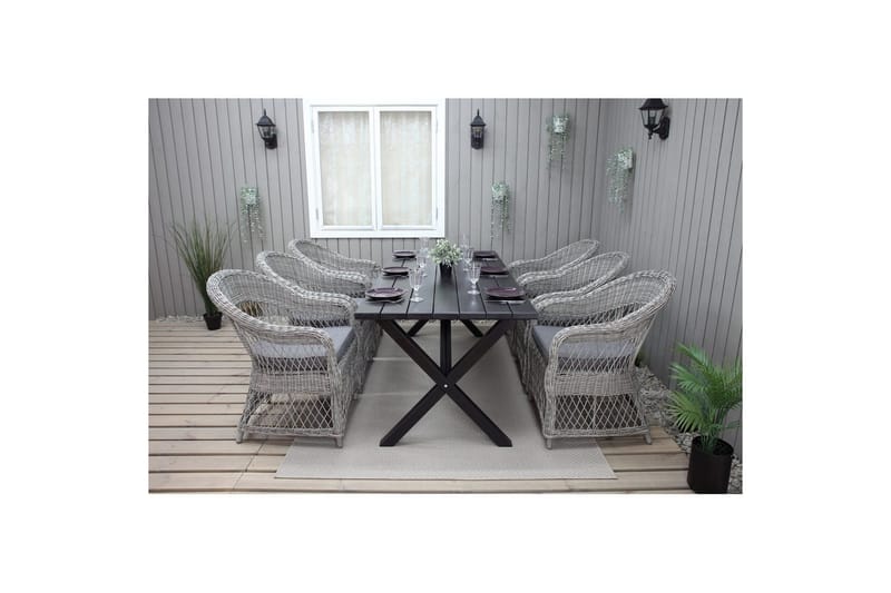 Ulkomöbeliryhmä 190 cm Pöytä & 6 Merida harmaat tuolit Musta - Musta - Puutarhakalusteet - Ulkoryhmä - Ruokailuryhmät ulos
