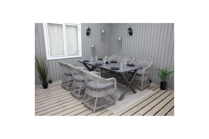 Ulkomöbeliryhmä 190 cm Pöytä & 6 Merida harmaat tuolit Harmaa - Harmaa - Puutarhakalusteet - Ulkoryhmä - Ruokailuryhmät ulos