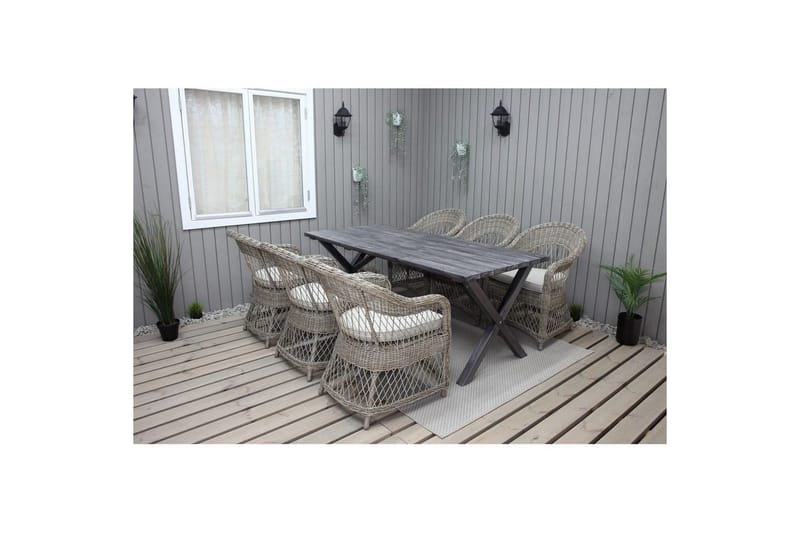 Ulkomöbeliryhmä 190 cm Pöytä & 6 Merida luonnonväriset tuolit Harmaa - Harmaa - Puutarhakalusteet - Ulkoryhmä - Ruokailuryhmät ulos