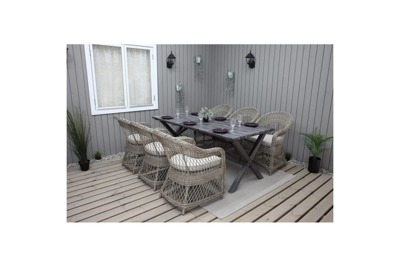 Ulkomöbeliryhmä 190 cm Pöytä & 6 Merida luonnonväriset tuolit Harmaa - Harmaa - Puutarhakalusteet - Ulkoryhmä - Ruokailuryhmät ulos