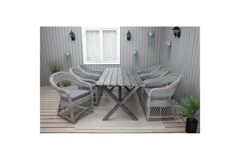 Ulkomöbeliryhmä 190 cm Pöytä & 6 Merida harmaat tuolit Harmaa - Harmaa - Puutarhakalusteet - Ulkoryhmä - Ruokailuryhmät ulos