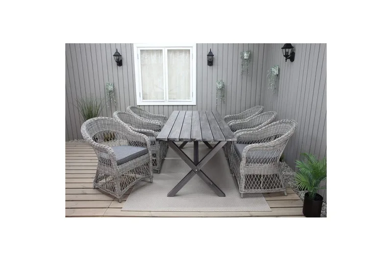 Ulkomöbeliryhmä 190 cm Pöytä & 6 Merida harmaat tuolit Harmaa - Harmaa - Puutarhakalusteet - Ulkoryhmä - Ruokailuryhmät ulos