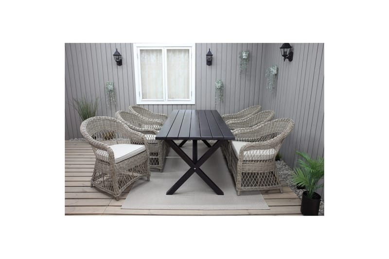 Ulkomöbeliryhmä 190 cm Pöytä & 6 Merida luonnonväriset tuolit Musta - Musta - Puutarhakalusteet - Ulkoryhmä - Ruokailuryhmät ulos