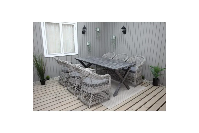 Ulkomöbeliryhmä 190 cm Pöytä & 6 Merida harmaat tuolit Harmaa - Harmaa - Puutarhakalusteet - Ulkoryhmä - Ruokailuryhmät ulos