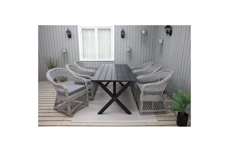 Ulkomöbeliryhmä 190 cm Pöytä & 6 Merida harmaat tuolit Musta - Musta - Puutarhakalusteet - Ulkoryhmä - Ruokailuryhmät ulos