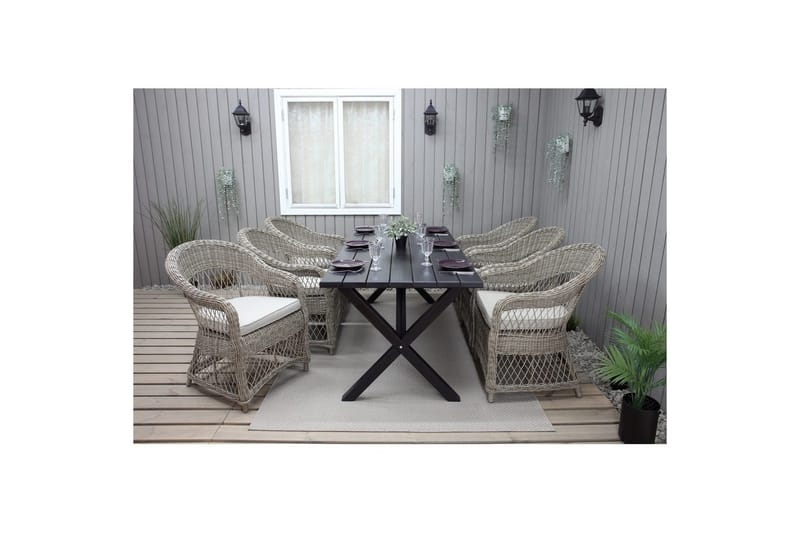Ulkomöbeliryhmä 190 cm Pöytä & 6 Merida luonnonväriset tuolit Musta - Musta - Puutarhakalusteet - Ulkoryhmä - Ruokailuryhmät ulos