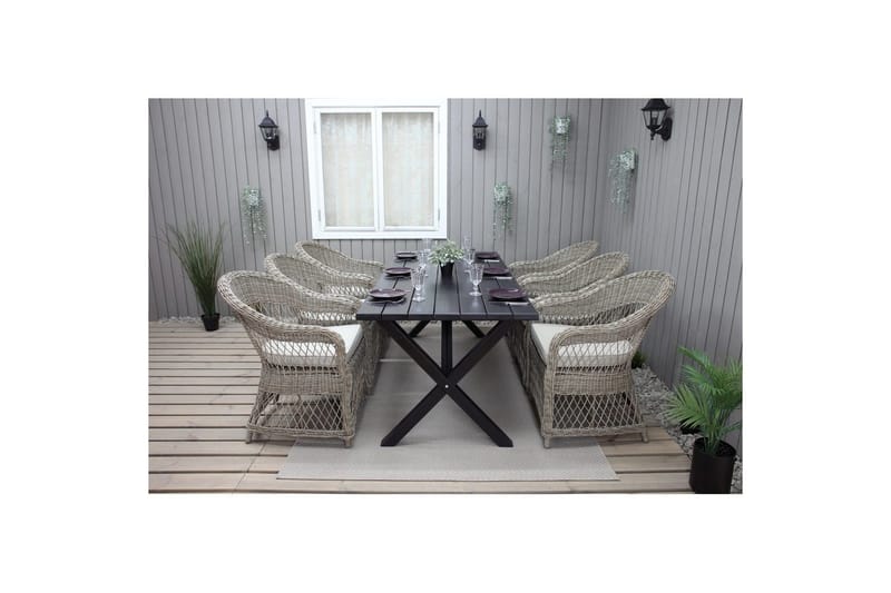 Ulkomöbeliryhmä 190 cm Pöytä & 6 Merida luonnonväriset tuolit Musta - Musta - Puutarhakalusteet - Ulkoryhmä - Ruokailuryhmät ulos