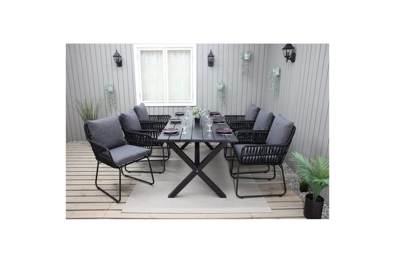 Ulkomöbeliryhmä 190 cm Pöytä & 6 Levanto harmaat tuolit Musta - Musta - Puutarhakalusteet - Ulkoryhmä - Ruokailuryhmät ulos