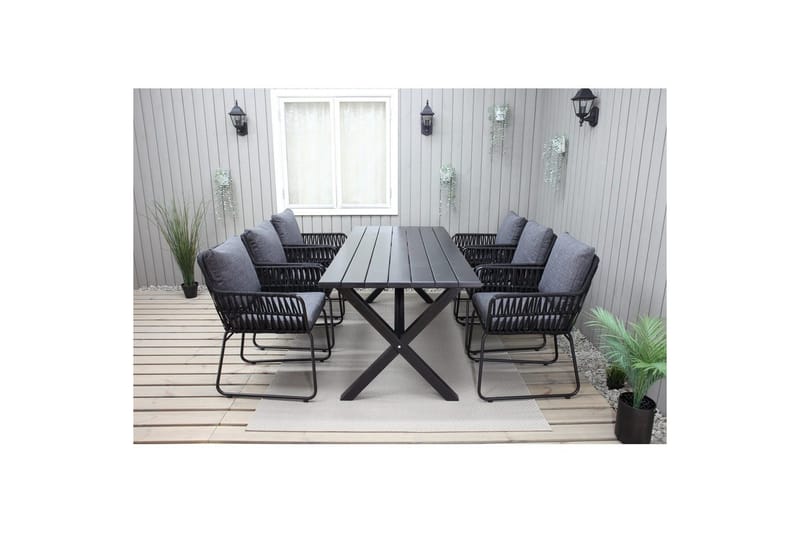 Ulkomöbeliryhmä 190 cm Pöytä & 6 Levanto harmaat tuolit Musta - Musta - Puutarhakalusteet - Ulkoryhmä - Ruokailuryhmät ulos