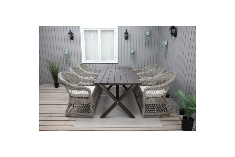 Ulkomöbeliryhmä 190 cm Pöytä & 6 Merida luonnonväriset tuolit Ruskea - Ruskea - Puutarhakalusteet - Ulkoryhmä - Ruokailuryhmät ulos