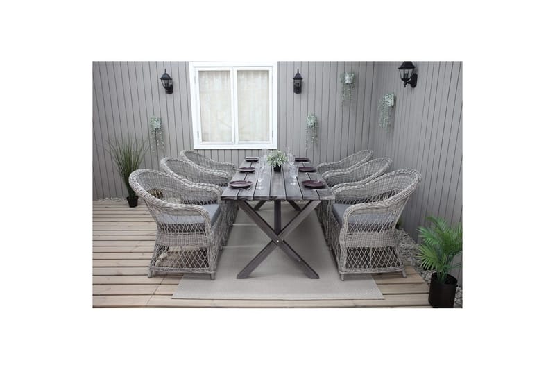 Ulkomöbeliryhmä 190 cm Pöytä & 6 Merida harmaat tuolit Harmaa - Harmaa - Puutarhakalusteet - Ulkoryhmä - Ruokailuryhmät ulos