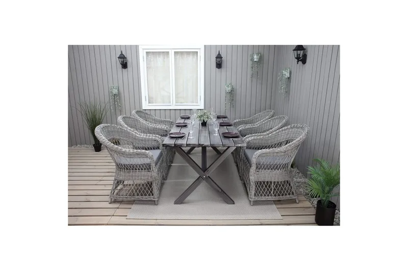 Ulkomöbeliryhmä 190 cm Pöytä & 6 Merida harmaat tuolit Harmaa - Harmaa - Puutarhakalusteet - Ulkoryhmä - Ruokailuryhmät ulos