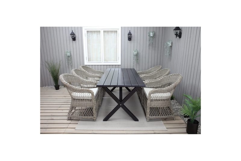 Ulkomöbeliryhmä 190 cm Pöytä & 6 Merida luonnonväriset tuolit Musta - Musta - Puutarhakalusteet - Ulkoryhmä - Ruokailuryhmät ulos