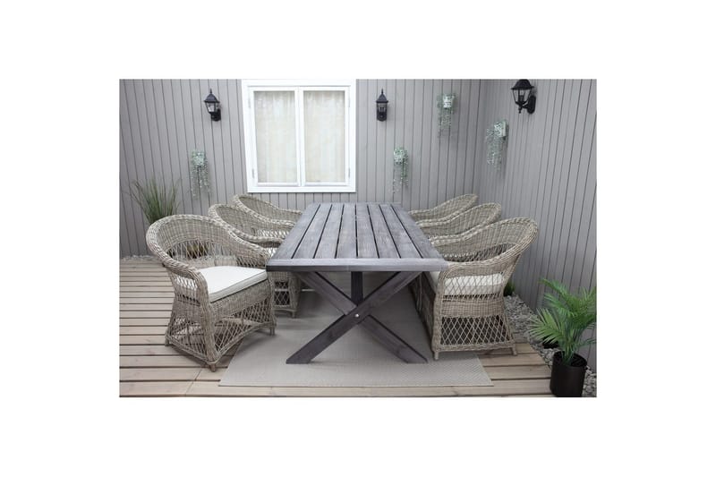 Ulkomöbeliryhmä 220 cm pöytä & 6 luonnollista Merida-tuolia Harmaa - Harmaa - Puutarhakalusteet - Ulkoryhmä - Ruokailuryhmät ulos