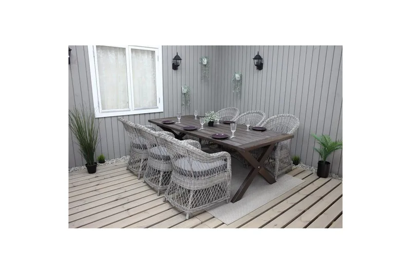 Ulkomöbeliryhmä 220 cm pöytä & 6 harmaata Merida-tuolia Ruskea - Ruskea - Puutarhakalusteet - Ulkoryhmä - Ruokailuryhmät ulos