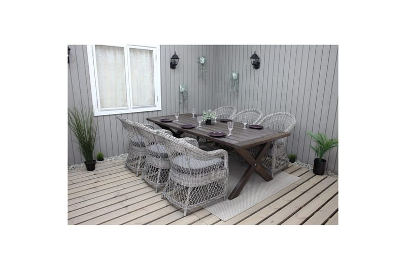 Ulkomöbeliryhmä 220 cm pöytä & 6 harmaata Merida-tuolia Ruskea - Ruskea - Puutarhakalusteet - Ulkoryhmä - Ruokailuryhmät ulos