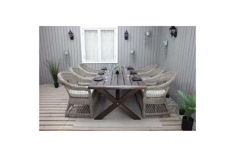 Ulkomöbeliryhmä 220 cm pöytä & 6 luonnollista Merida-tuolia Ruskea - Ruskea - Puutarhakalusteet - Ulkoryhmä - Ruokailuryhmät ulos