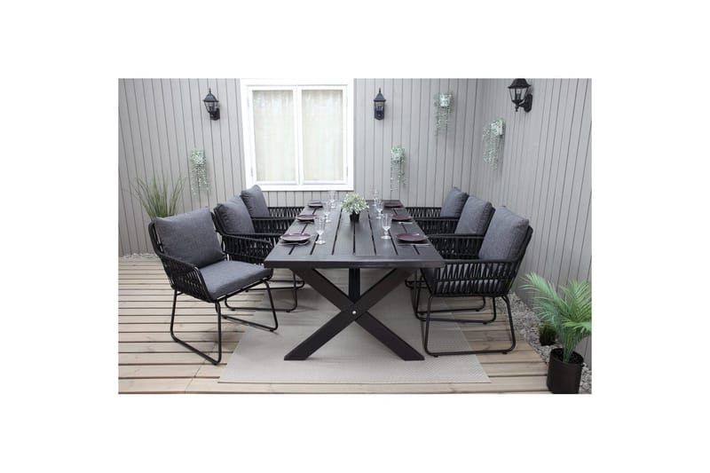 Ulkomöbeliryhmä 220 cm pöytä & 6 harmaata Levanto-tuolia Musta - Musta - Puutarhakalusteet - Ulkoryhmä - Ruokailuryhmät ulos