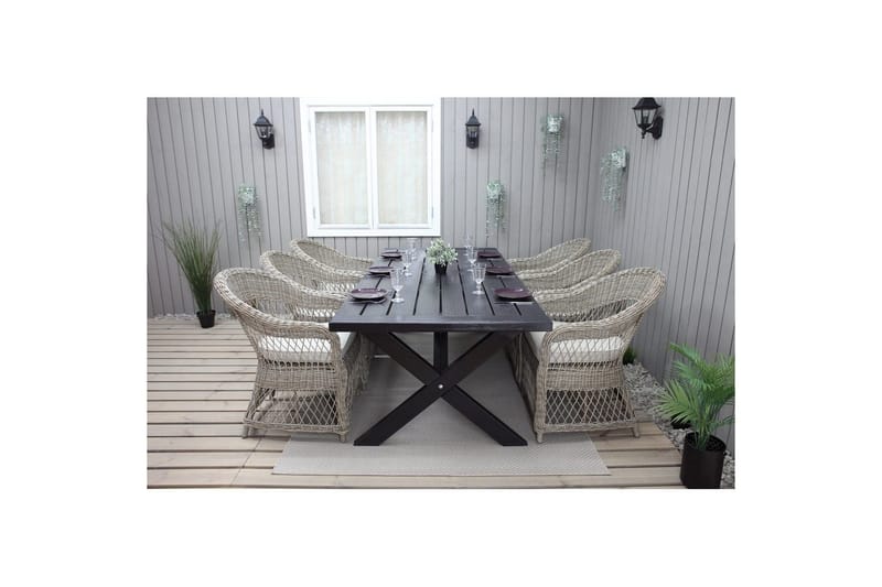 Ulkomöbeliryhmä 220 cm pöytä & 6 luonnollista Merida-tuolia Musta - Musta - Puutarhakalusteet - Ulkoryhmä - Ruokailuryhmät ulos