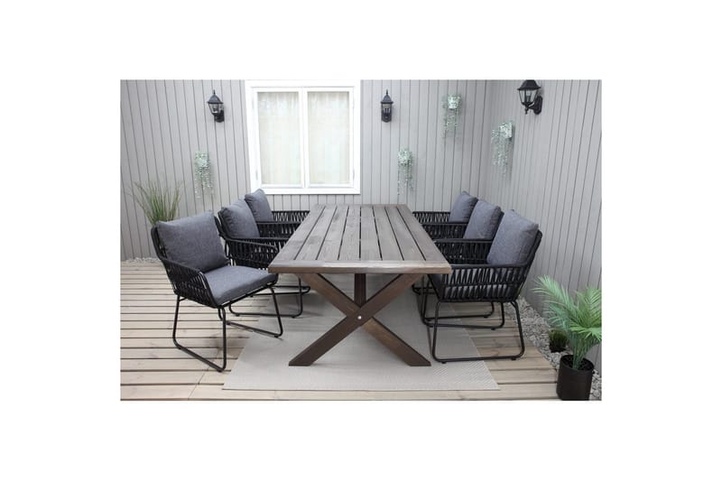 Ulkomöbeliryhmä 220 cm pöytä & 6 harmaata Levanto-tuolia Ruskea - Ruskea - Puutarhakalusteet - Ulkoryhmä - Ruokailuryhmät ulos