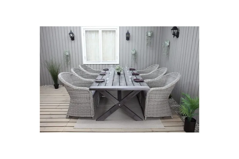 Ulkomöbeliryhmä 220 cm pöytä & 6 harmaata Belize-tuolia Harmaa - Harmaa - Puutarhakalusteet - Ulkoryhmä - Ruokailuryhmät ulos