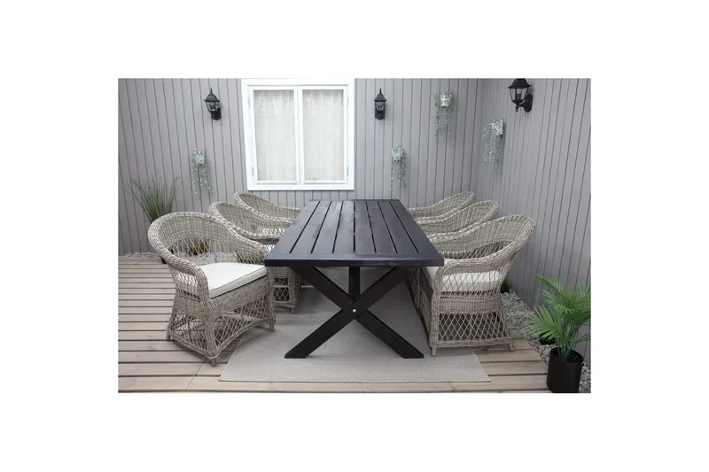 Ulkomöbeliryhmä 220 cm pöytä & 6 luonnollista Merida-tuolia Musta - Musta - Puutarhakalusteet - Ulkoryhmä - Ruokailuryhmät ulos
