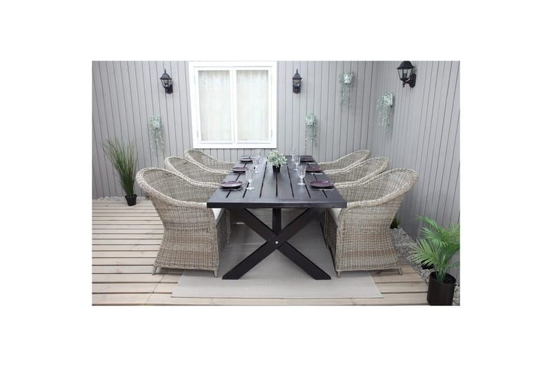 Ulkomöbeliryhmä 220 cm pöytä & 6 luonnollista Belize-tuolia Musta - Musta - Puutarhakalusteet - Ulkoryhmä - Ruokailuryhmät ulos