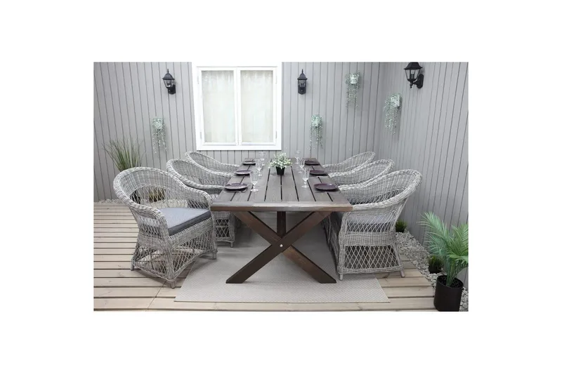 Ulkomöbeliryhmä 220 cm pöytä & 6 harmaata Merida-tuolia Ruskea - Ruskea - Puutarhakalusteet - Ulkoryhmä - Ruokailuryhmät ulos