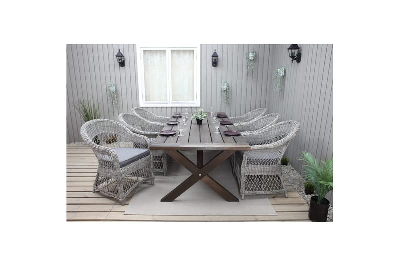 Ulkomöbeliryhmä 220 cm pöytä & 6 harmaata Merida-tuolia Ruskea - Ruskea - Puutarhakalusteet - Ulkoryhmä - Ruokailuryhmät ulos