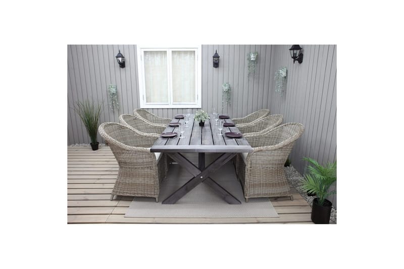 Ulkomöbeliryhmä 220 cm pöytä & 6 luonnollista Belize-tuolia Harmaa - Harmaa - Puutarhakalusteet - Ulkoryhmä - Ruokailuryhmät ulos