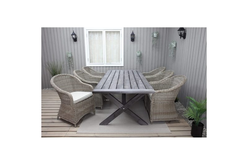 Ulkomöbeliryhmä 220 cm pöytä & 6 luonnollista Belize-tuolia Harmaa - Harmaa - Puutarhakalusteet - Ulkoryhmä - Ruokailuryhmät ulos