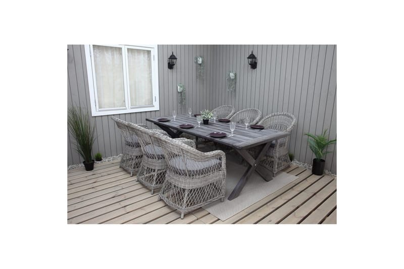 Ulkomöbeliryhmä 220 cm pöytä & 6 harmaata Merida-tuolia Harmaa - Harmaa - Puutarhakalusteet - Ulkoryhmä - Ruokailuryhmät ulos