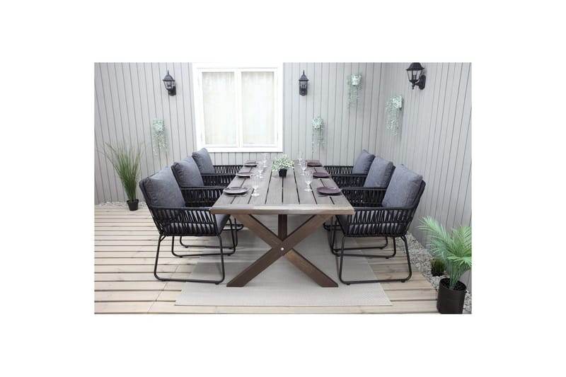 Ulkomöbeliryhmä 220 cm pöytä & 6 harmaata Levanto-tuolia Ruskea - Ruskea - Puutarhakalusteet - Ulkoryhmä - Ruokailuryhmät ulos