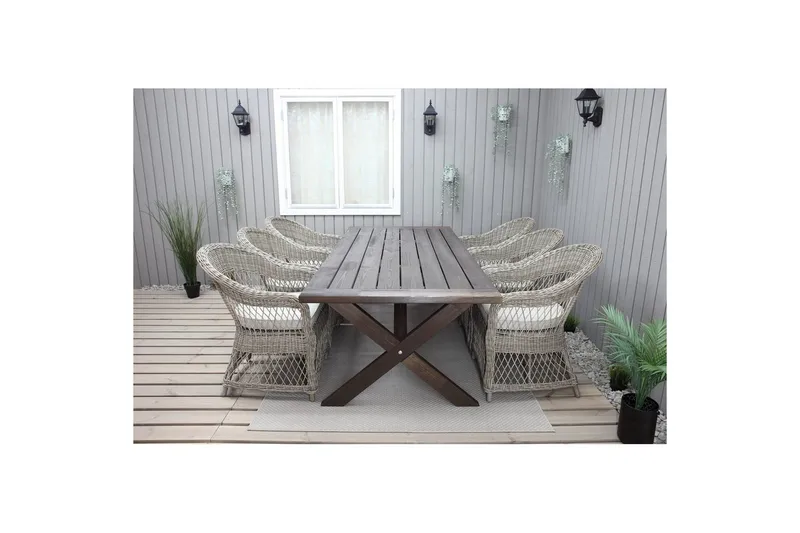 Ulkomöbeliryhmä 220 cm pöytä & 6 luonnollista Merida-tuolia Ruskea - Ruskea - Puutarhakalusteet - Ulkoryhmä - Ruokailuryhmät ulos